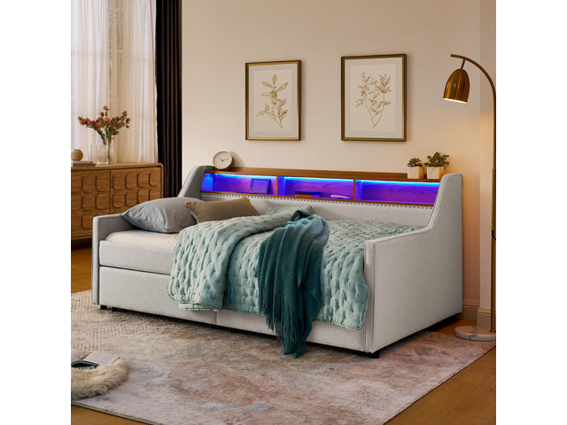 Twin Size Upholstery Sofa Bed with Three LED lights, with Storage Adjustable Hea