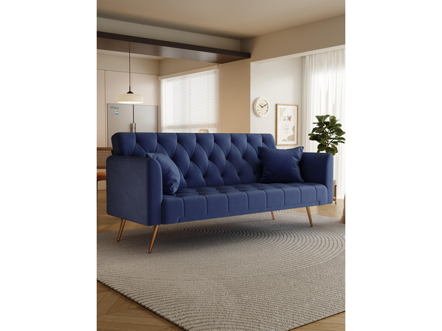 71-inch convertible love seat sofa, American retro blue velvet material, suitable for small living room, bedroom, office