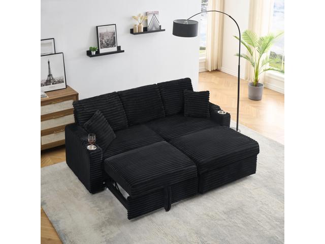 80' Corduroy Multi-Function Sofa with Hidden Reclining, Space Saving Design, Armrests, Cup Holders and Removable Footstool, Black