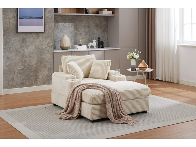 [VIDEO/New]Corduroy Upholstered Chaise Lounge Sofa with Handrail storage,Movable ottoman,Cupholders,Detachable Cushions Deep Seat for Living Room...