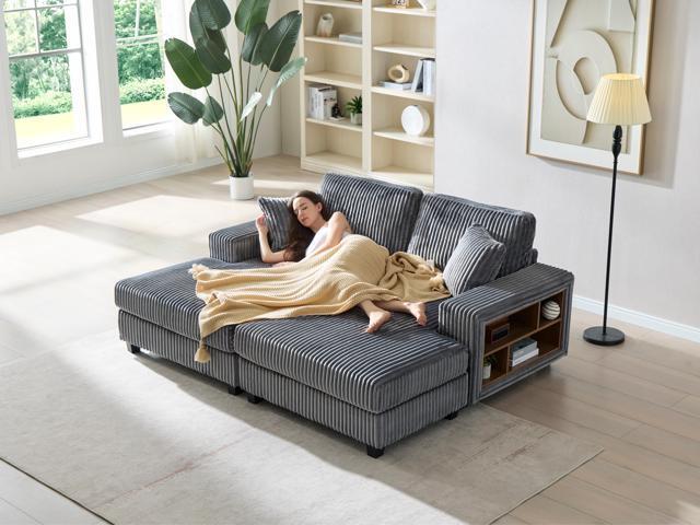 Convertible combination sofa, corduroy fabric, fluffy modern sleeper sofa chair, oversized combination living room double lounge chair,Dark Grey