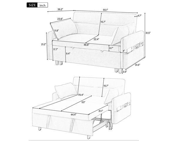 55.1' Pull Out Sleep Sofa Bed Loveseats Sofa Couch with Adjsutable Backrest, Storage Pockets, 2 Soft Pillows, USB Ports for Living Room, Bedroom,...