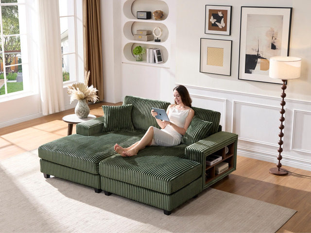 Convertible combination sofa, corduroy fabric, fluffy modern sleeper sofa chair,
