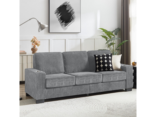 83.86'Corduroy Fabric sofa,Modern Compressed Couch,3-Seater Sofa, Furniture for Living Room,Bedroom,office,Gray