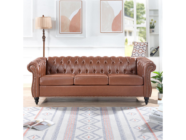 84.65'BROWN PU Rolled Arm Chesterfield Three Seater Sofa.