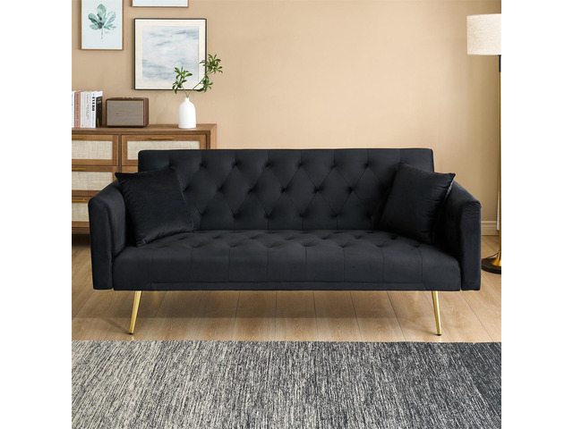 71-inch foldable double sofa, with American retro style, made of black velvet material, suitable for small living rooms, bedrooms and offices.