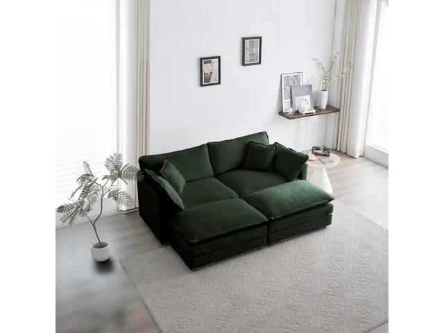 4 - Piece Upholstered Sectional Sofa, 1 - Piece of 2 Seater Sofa and 2- Piece of Ottomans, 2 Seater Loveseat Lounge with Ottomans, Green Chenille