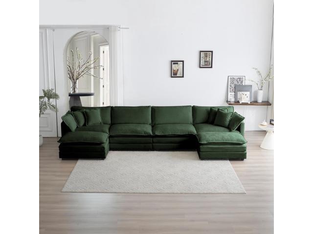 Comfort U Shaped Couch with Reversible Chaise, Modular Large U-Shape Sectional Sofa, Double Extra Ottomans,Green Chenille