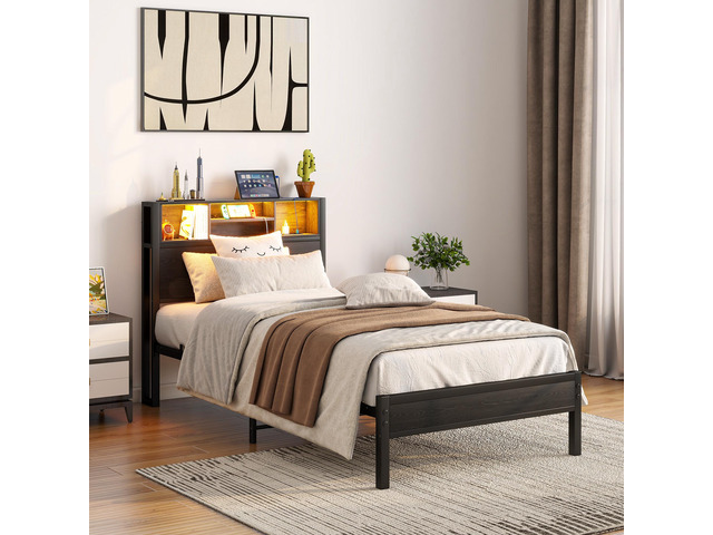 Twin Size Bed Frame with Storage Headboard, Metal Platform Bed with Charging Station, Bookcase Storage, Easy Assembly