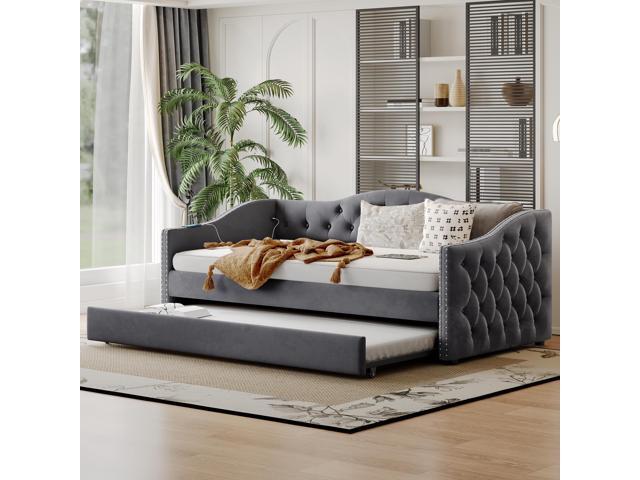Twin Size Upholstered Daybed with Trundle and USB Charging Design, Sturdy Wood Slat Support, Wood Bed Frame for Bedroom/Guestroom/Dorm,Plush Velvet...