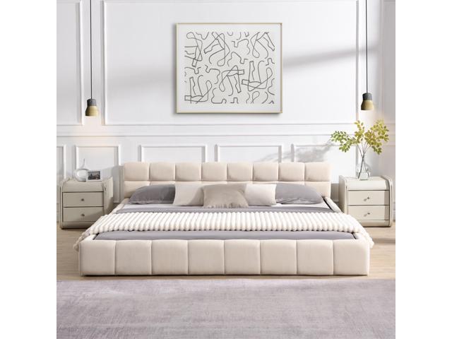 Elegant Beige Chenille Upholstered Bed with Checkerboard Design, King, Beige