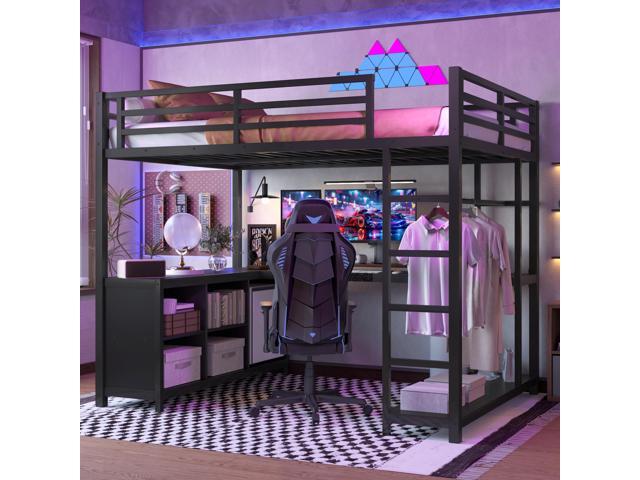 Metal Loft Bed with Wardrobe and L-shaped Desk, Full Size Loft Bed with Storage Cubes and Shelves, Loft Bed for Kids Teens Adults, Black