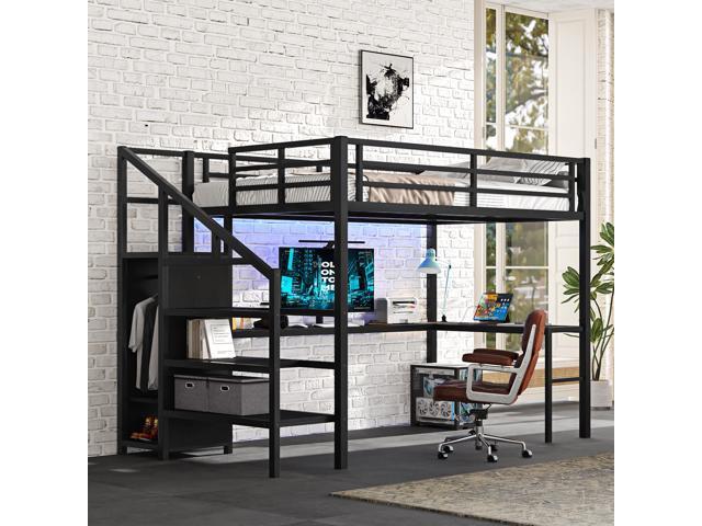 Full Size Loft Bed with L-shaped Desk and USB, Metal Loft Bed with Wardrobe and Adjustable Shelf, High Loft Bed with LED for Kids Teens Adults, Black