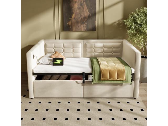 Upholstered Twin Size Daybed, Hydraulic Storage Twin Bed Frame with USB & Type-C Charging, Bed Frame with Wooden Slats and Tufted Sofa Back, Beige,...