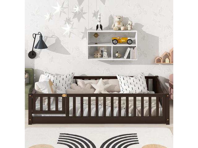Twin Size Floor Bed with Fence and Door,Rubber Wood Floor Bed with Safety Guardrails,Espresso