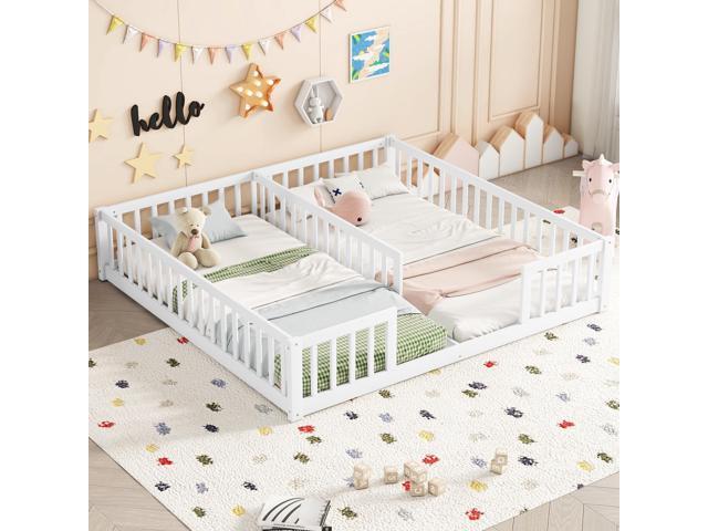 Double Twin Floor Bed with Fence, Guardrails, without door, White