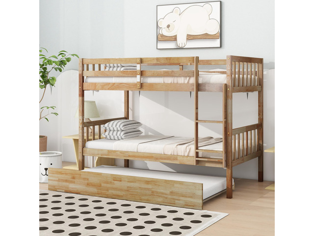 Twin Over Twin Rubber Wood Bunk Bed with Trundle, Convertible into 2 Twin Size Beds, Twin Size Bunk Bed with Ladder and Safety Guardrails,White Oak