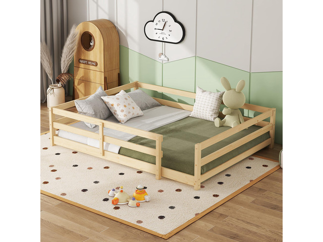 Full Size Floor Bed, Montessori Floor Bed with Fence, Kids Montessori Bed Full Size, Wood Montessori Floor Bed for Kids, Girls, Boys, Oak.