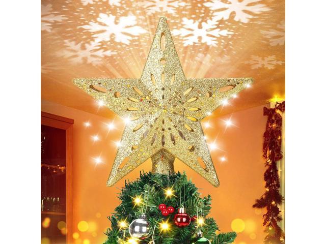 Gemdeck Christmas Tree Topper Lighted, Star Tree Toppers with LED Rotating Snowflake Projector Lights Gold