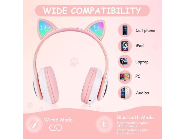 Gemdeck Cat Ear Bluetooth Headset Luminous Cat Ear Wireless Headset Pluggable Cable Purple