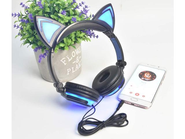 Gemdeck Cat Ear Headphones for Kids, LED Light with USB Chargeable Foldable Earphones