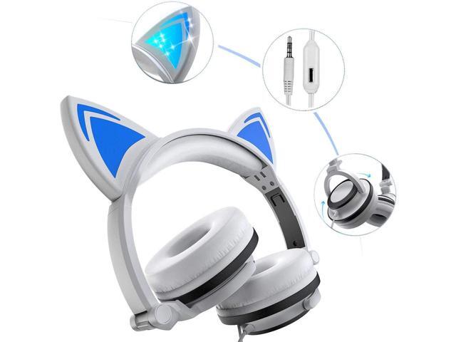 Gemdeck Wired Headphones with Microphone, On-Ears Adjustable Stereo Foldable LED Cat Kitty Gift