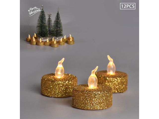 Gemdeck 12pcs LED Tea Lights Candles Gold Powder Sequin Fake Unscented Flameless Candles