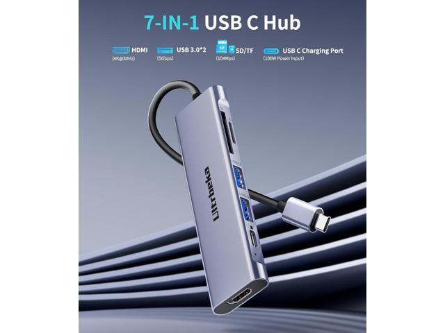 USB C Hub, 7in1 USBC Hub, 4K HDMI Multiport Adapter, TF/SD Card Reader, 2×Powered USB-A 3.0 5Gbps, 100W PD, Dongle Adapter, USB-C Extender...