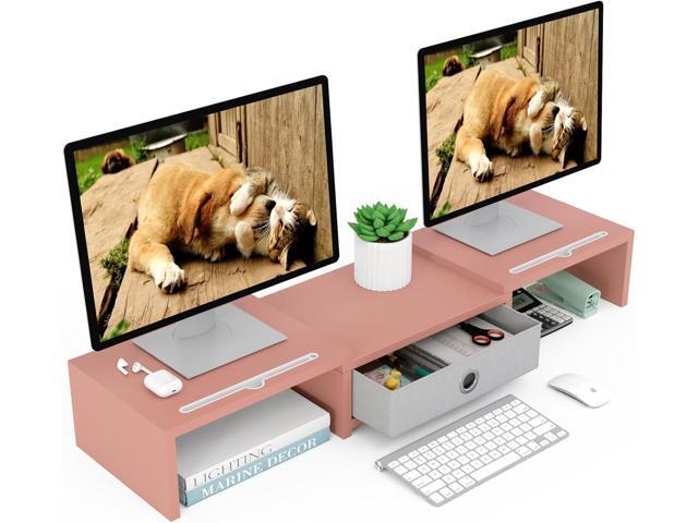 WESTREE Dual 3 Shelf Computer Riser with Drawer, Adjustable Length and Angle, Desktop 2 Monitor Stand Storage Organizer