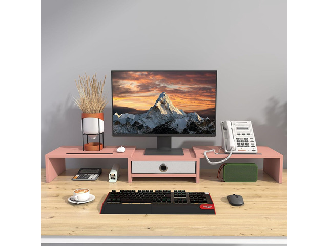 WESTREE Dual 3 Shelf Computer Riser with Drawer, Adjustable Length and Angle, Desktop 2 Monitor Stand Storage Organizer