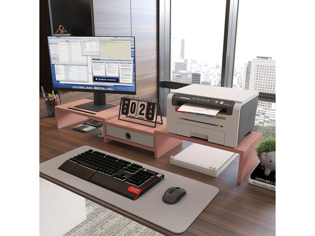 WESTREE Dual 3 Shelf Computer Riser with Drawer, Adjustable Length and Angle, Desktop 2 Monitor Stand Storage Organizer