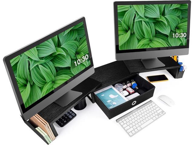 Dual Monitor Stand Riser w/ Drawer & Metal Leg, Large Computer Monitor Riser w/ Storage For 2 Monitors, Desk Shelf For Monitor w/ Adjustable Length...