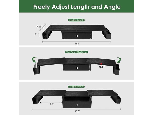 Dual Monitor Stand Riser w/ Drawer & Metal Leg, Large Computer Monitor Riser w/ Storage For 2 Monitors, Desk Shelf For Monitor w/ Adjustable Length...