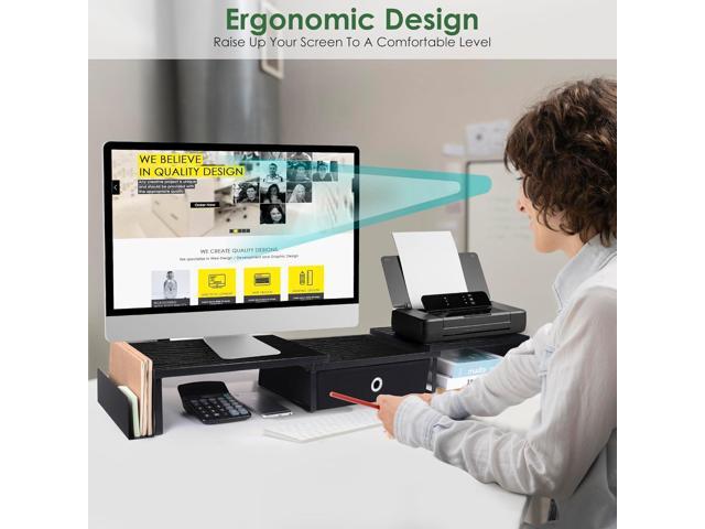 Dual Monitor Stand Riser w/ Drawer & Metal Leg, Large Computer Monitor Riser w/ Storage For 2 Monitors, Desk Shelf For Monitor w/ Adjustable Length...