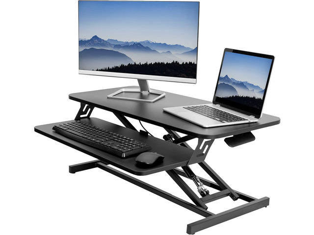 Height Adjustable 32 inch Stand Up Desk Converter, Quick Sit to Stand Tabletop Dual Monitor Riser Workstation, Black, DESK-V000S