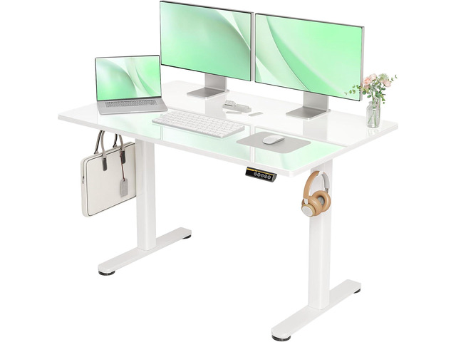 Glass Standing Desk, Electric Standing Desk Adjustable Height, 48 Inch Adjustable Stand Up Desk, Quick Install Home Office Computer Desk, Super White