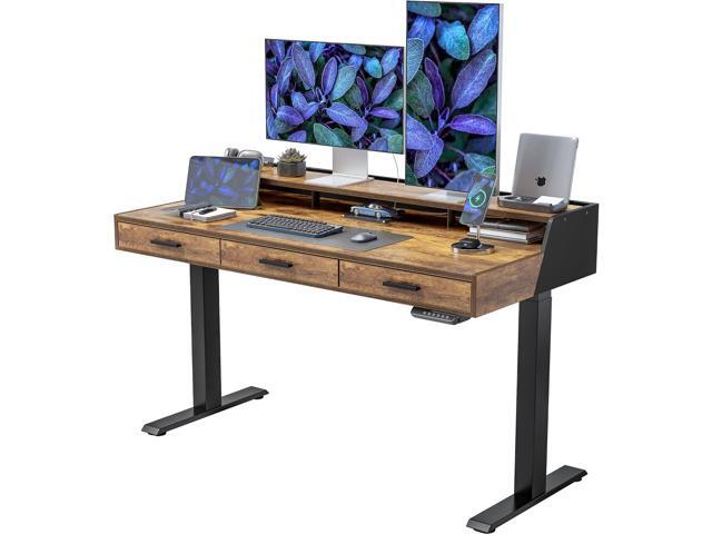 Electric Standing Desk with Drawers, 55x26 Inch Standing Desk Adjustable Height, Stand Up Desk with Monitor Shelf, Sit Stand Home Office Desk,...