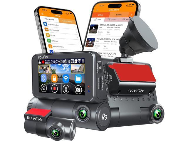 Rove R3 Dash Cam, 3 IPS Touch Screen, 3 Channel Dash Cam Front and Rear with Cabin, Built-in GPS, 5.0 GHz WiFi, 2K 1440P+1080P+1080P, 24-HR Parking.