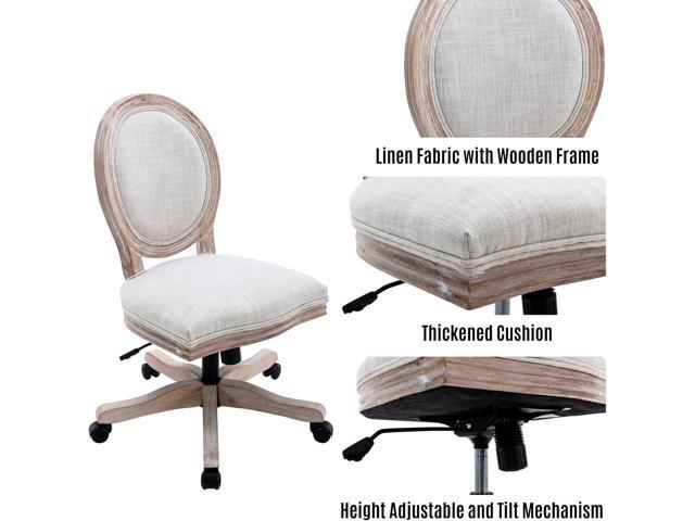 LukeAlon Vintage Linen Office Chair, Adjustable Height Swivel Task Chair with Wood Frame Armless Desk Chair with Wheels Upholstered Round Back...