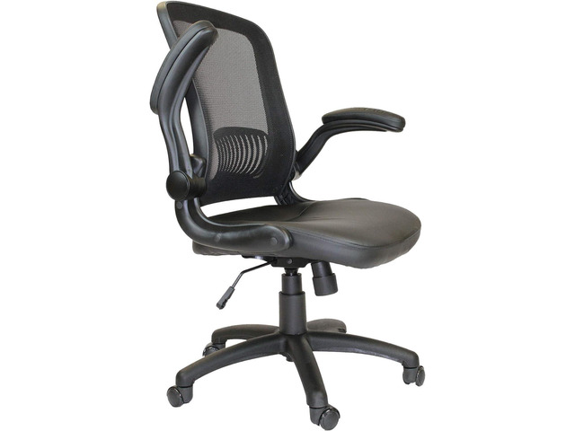 OFFICE FACTOR Mid-Back Mesh Back Pu Seat, Swivel Ergonomic Task Desk Chair with Flip-Up Arms & Lumbar Support, Black (Black Chair)
