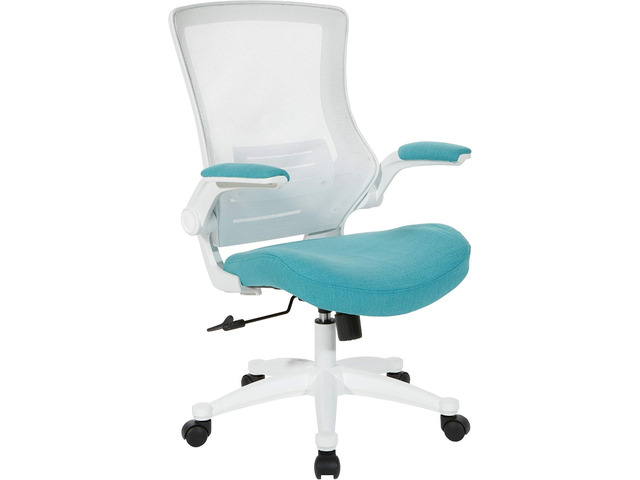 Office Star Ventilated White Screen Back Manager's Office Chair with Padded Color Flip Arms with White Nylon Base, Linen Turquoise Fabric