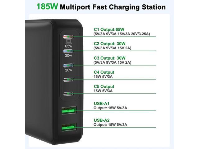 USB C Charger, 185W 7 Ports Fast GaN Charging Station, 65W Laptop Charger Compatible with MacBook Pro/Air, iPad, iPhone 14/14 Plus/14 Pro/14 Pro...