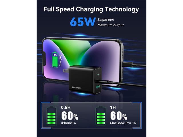 TECKNET USB C Charger 65W PD 3.0 GaN Type Foldable Adapter with 3-Port Fast Wall Compatible with iPhone 15 Pro Max/15 Plus/15 Pro/15/14/13, MacBook...