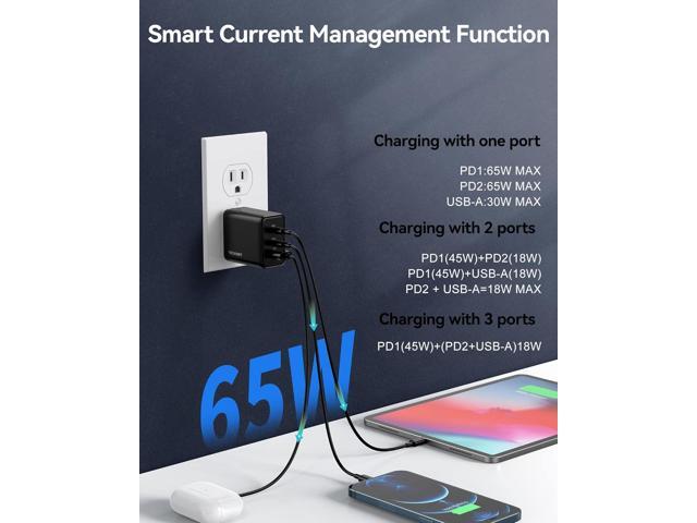 TECKNET USB C Charger 65W PD 3.0 GaN Type Foldable Adapter with 3-Port Fast Wall Compatible with iPhone 15 Pro Max/15 Plus/15 Pro/15/14/13, MacBook...