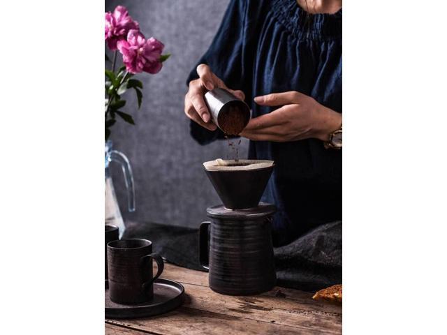 Stoneware Handmade Pour Over Coffee Maker Set, Ceramic Coffee Brewer Hand Drip Cone Dripper & Coffee Pot Microwaveable Decanter, Retro Metallic...