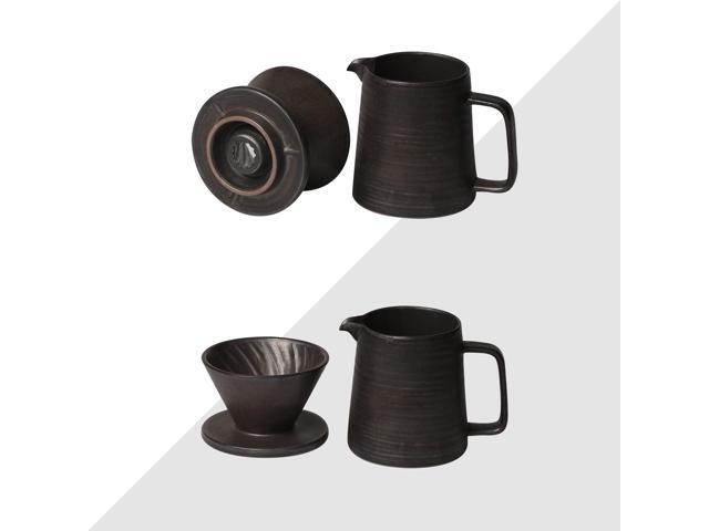 Stoneware Handmade Pour Over Coffee Maker Set, Ceramic Coffee Brewer Hand Drip Cone Dripper & Coffee Pot Microwaveable Decanter, Retro Metallic...