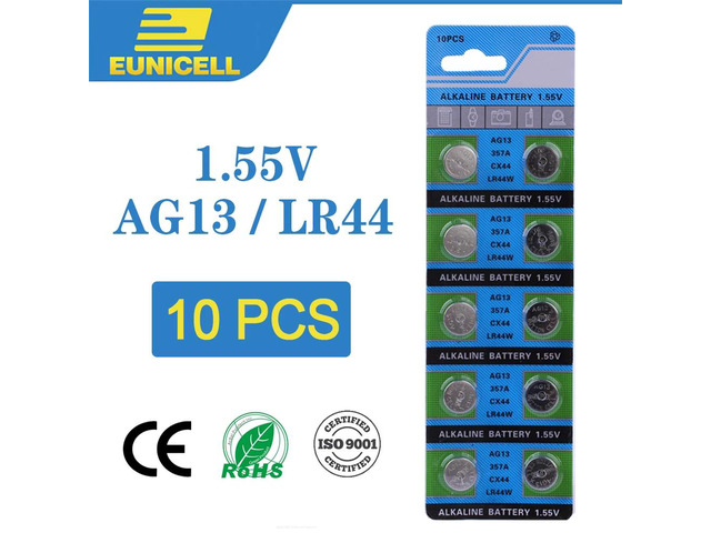 Eunicell 10pcs Alkaline Cell Coin Battery 1.55V AG13 LR44 Button Batteries LR115