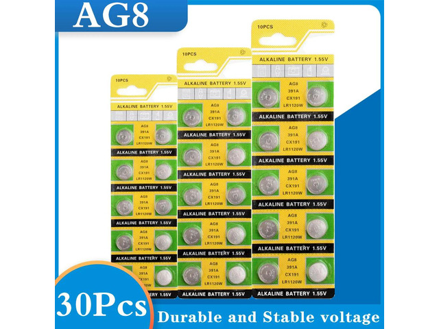 30Pcs AG8 Button Batteries For Watch 191 LR55 LR1120 391 SR1120 1.55V Cell Coin