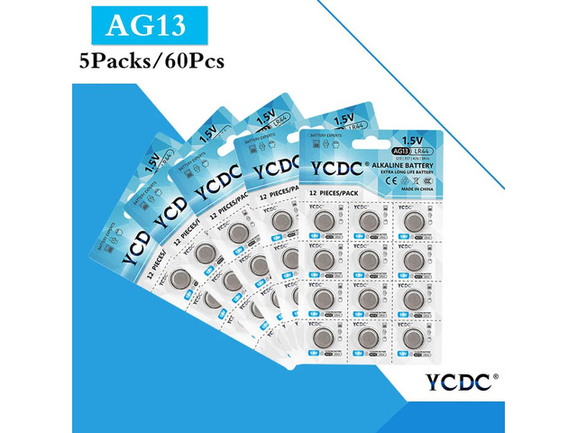 60pcs/5Card AG 13 Button Battery 1.5V SR44SW L1154 RW82 RW42 LR44 357 AG13 Coin Cell Batteries for Watch Calculator toys