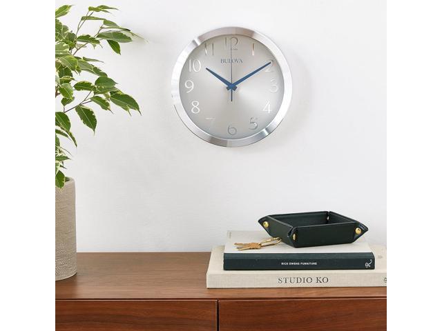 Bulova Winston Wall Clock C4844 10' Diameter Metal Design with Diamond Cut Edges Silent Sweep Quartz Movement Easy-to-Read Arabic Numerals
